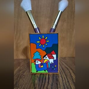 Colorful Wooden Art Block with Village Scene